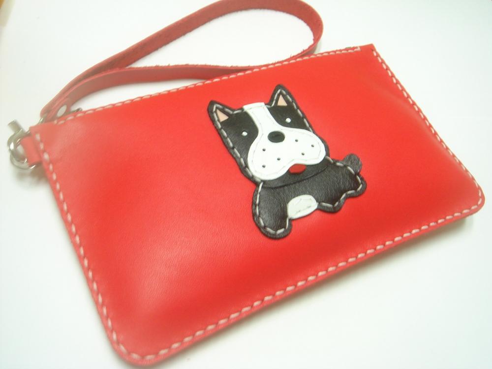 Deuce the Boston Terrier leather Wristlet ( Red )