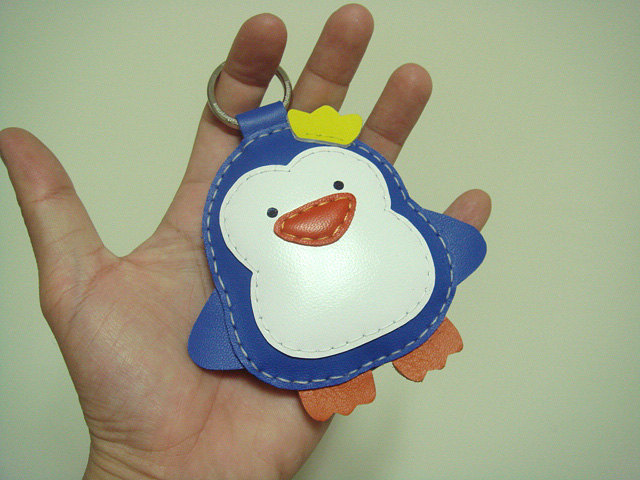 Leather Keychain - BIG Perry the Penguin Leather charm ( Blue )
