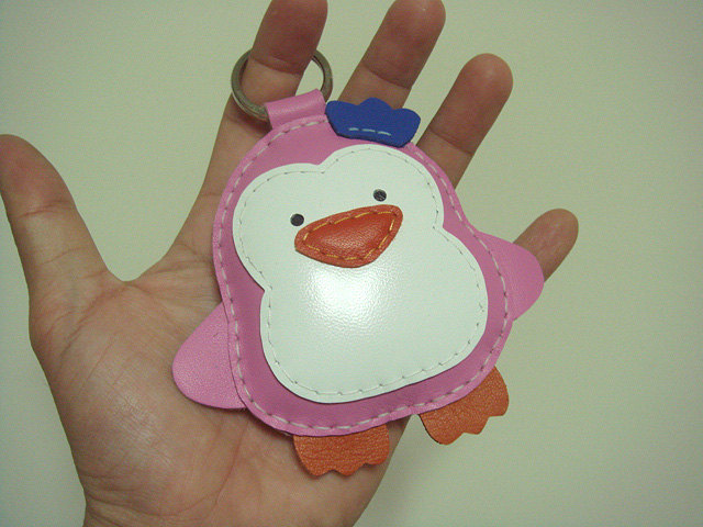 Leather Keychain - BIG Perry the Penguin Leather charm ( Pink)