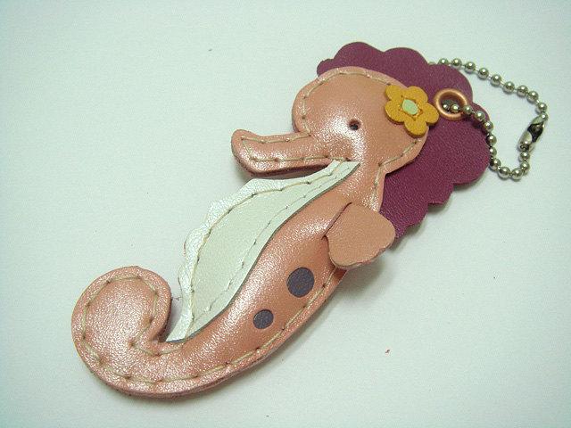 Leather Keychain Coral the Seahorse leather charm ( Metallic Pink )