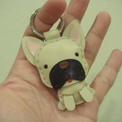 Mask the French Bull Dog Leather Charm / Keychain ( Light Brown )