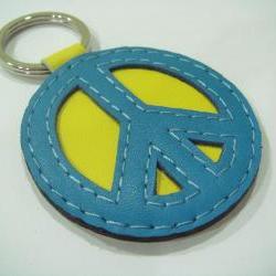 Peace Symbol leather keychain ( Blue / Yellow )