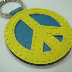 Peace Symbol leather keychain ( Yellow / Blue )