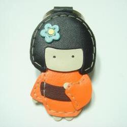 Sakura the Geisha Doll leather keychain ( Orange )