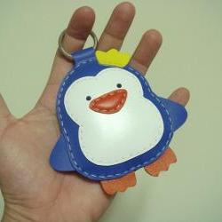 Leather Keychain - BIG Perry the Penguin Leather charm ( Blue )