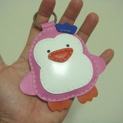 Leather Keychain - BIG Perry the Penguin Leather charm ( Pink)
