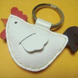 Leather keychain - Rebacca the Rooster Leather Charm ( White )