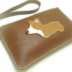 NaNa the Corgi leather Wristlet ( Dark Brown )