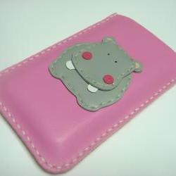 Hugo the Hippo iPhone Leather case ( Pink and Grey )