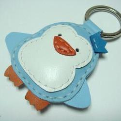 Leather Keychain - Perry the Penguin Leather Charm ( Light Blue )