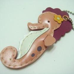 Leather Keychain Coral the Seahorse leather charm ( Metallic Pink )