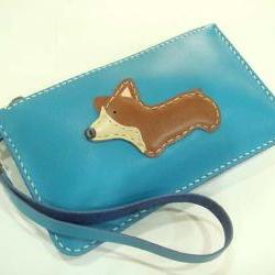 NaNa the Corgi leather Wristlet ( Turquoise )