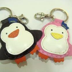 Penguin Groom and Bride leather charm ( Black and Pink )