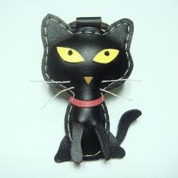 Octavian the Cat leather keychain ( Black )